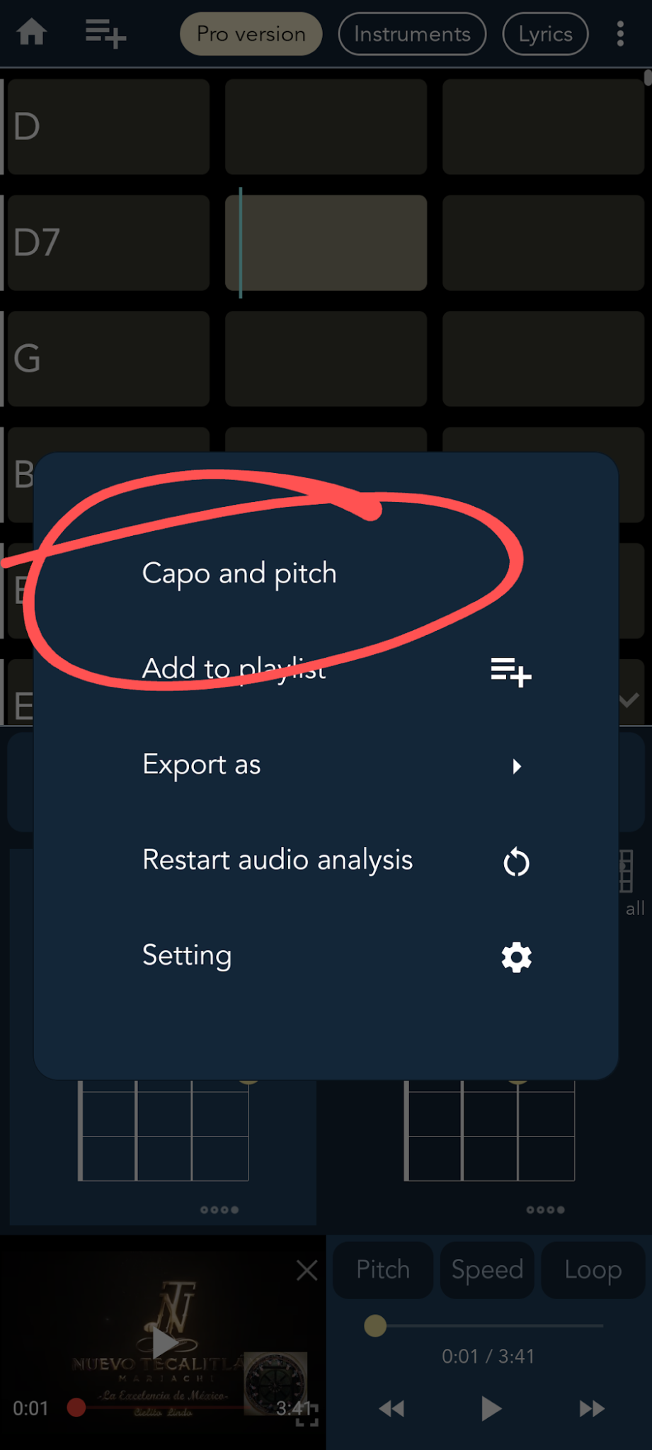 Capo and pitch menu