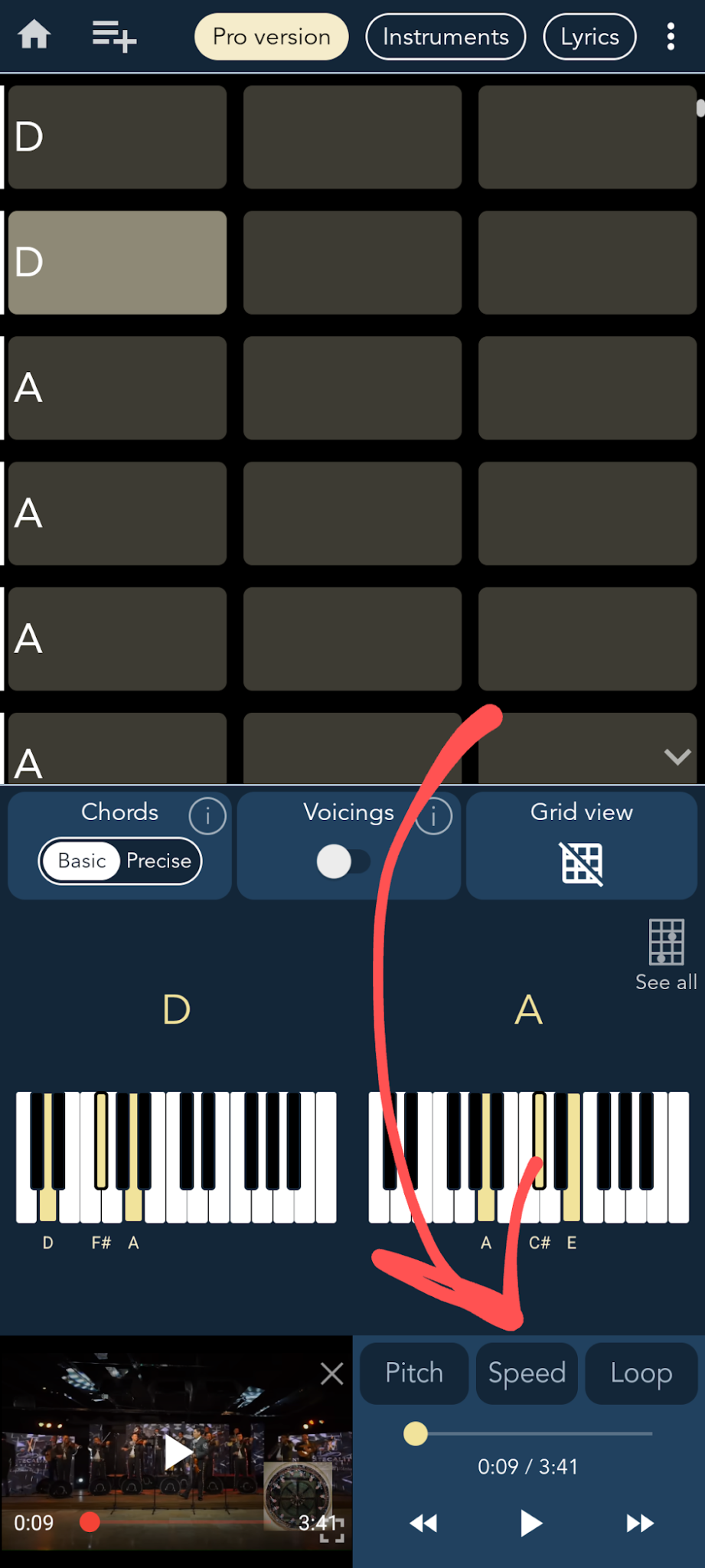 Speed adjustment in the playback menu