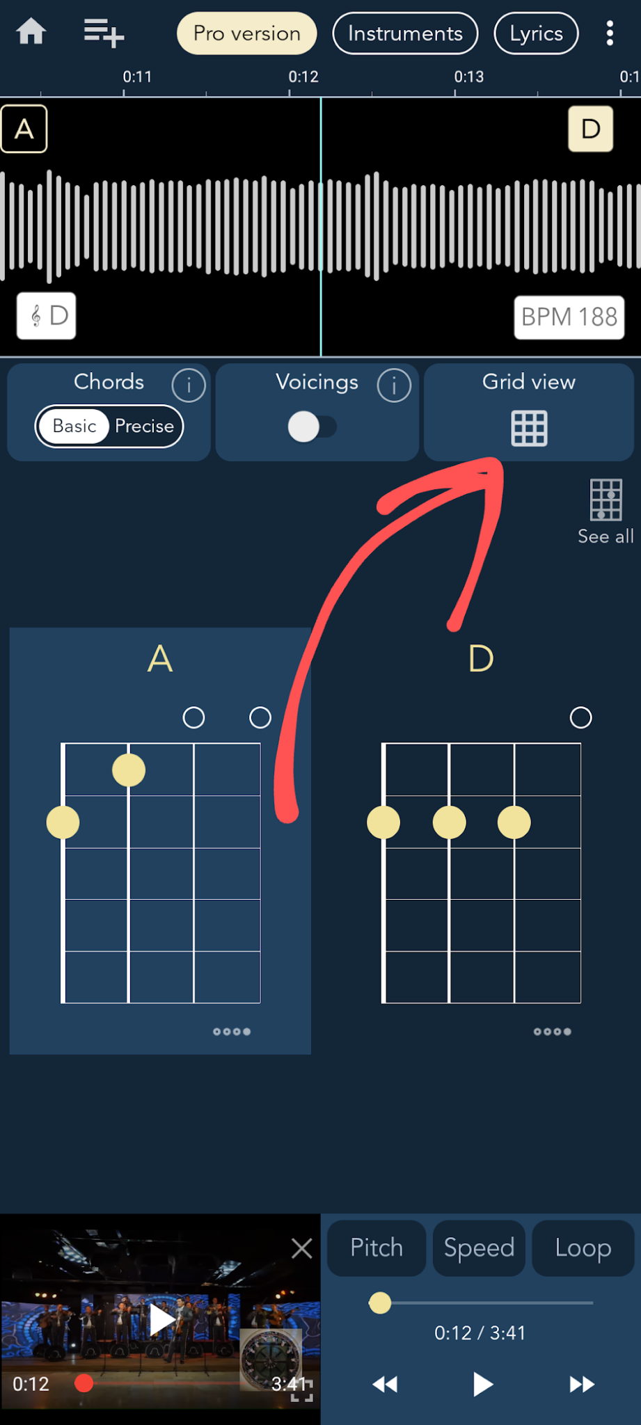 Waveform view with the Grid toggle
