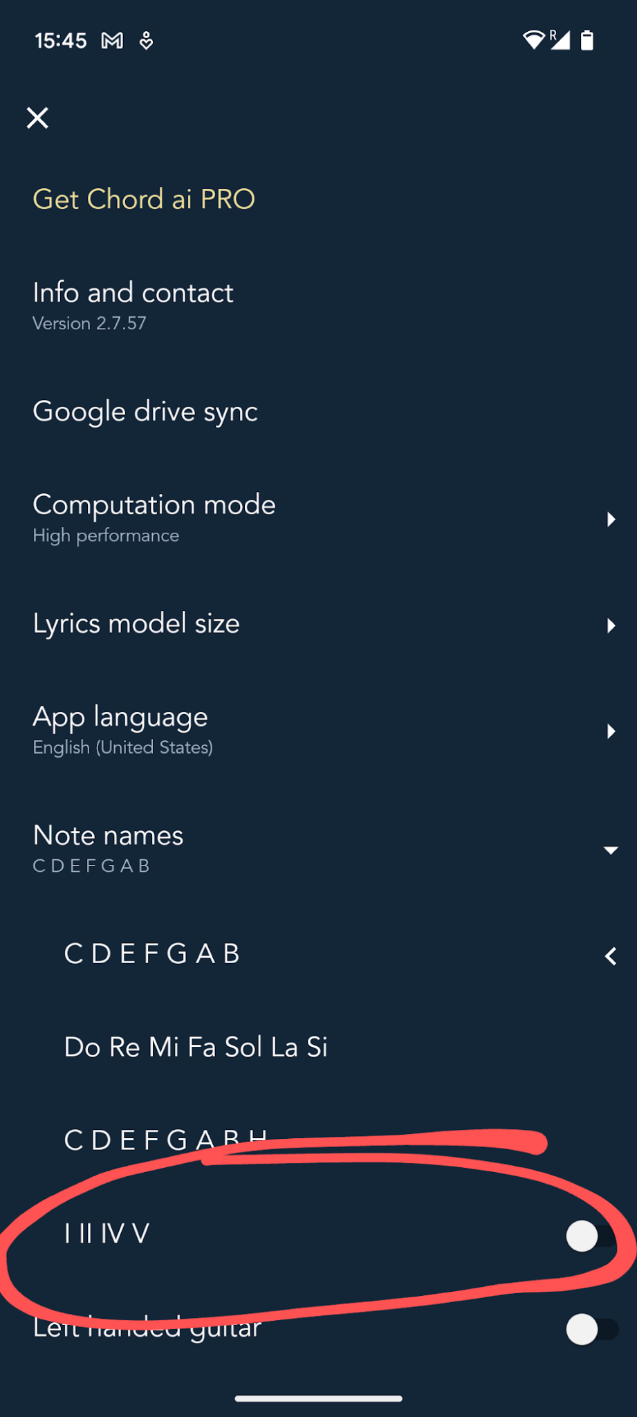 Chord name settings sub-menu with the Degrees toggle