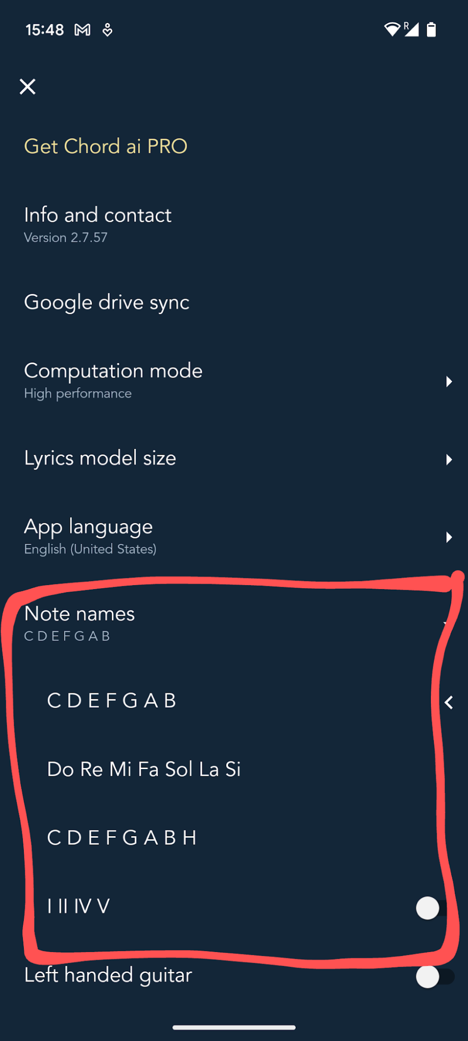 Chord name settings with note name options