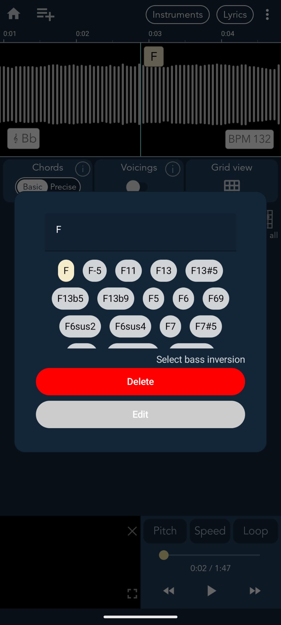 Chord edit window opened by long-tapping a chord