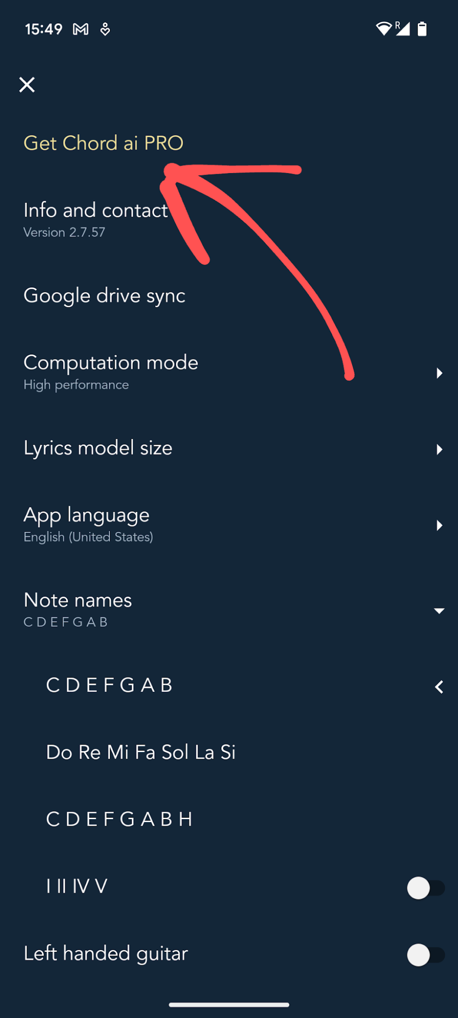Settings page showing Get Chord ai PRO and PRO status